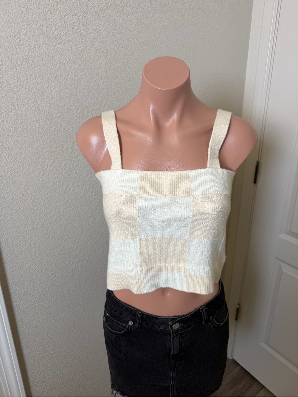 Vans Cream Checkered Knit Crop Tank Top Sz XS